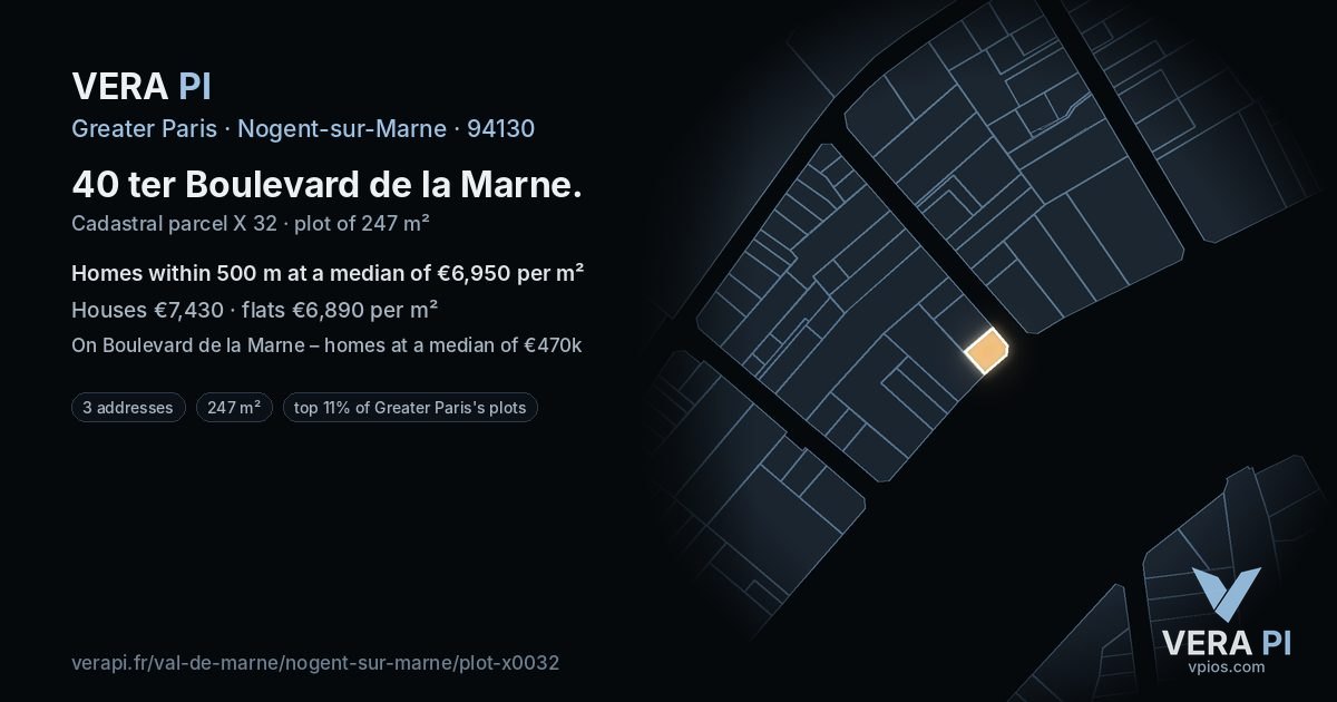 40 ter Boulevard de la Marne, Nogent-sur-Marne at night – the plot lit, the parcels around coloured by the prices near them