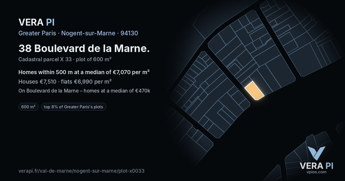 38 Boulevard de la Marne, Nogent-sur-Marne at night – the plot lit, the parcels around coloured by the prices near them