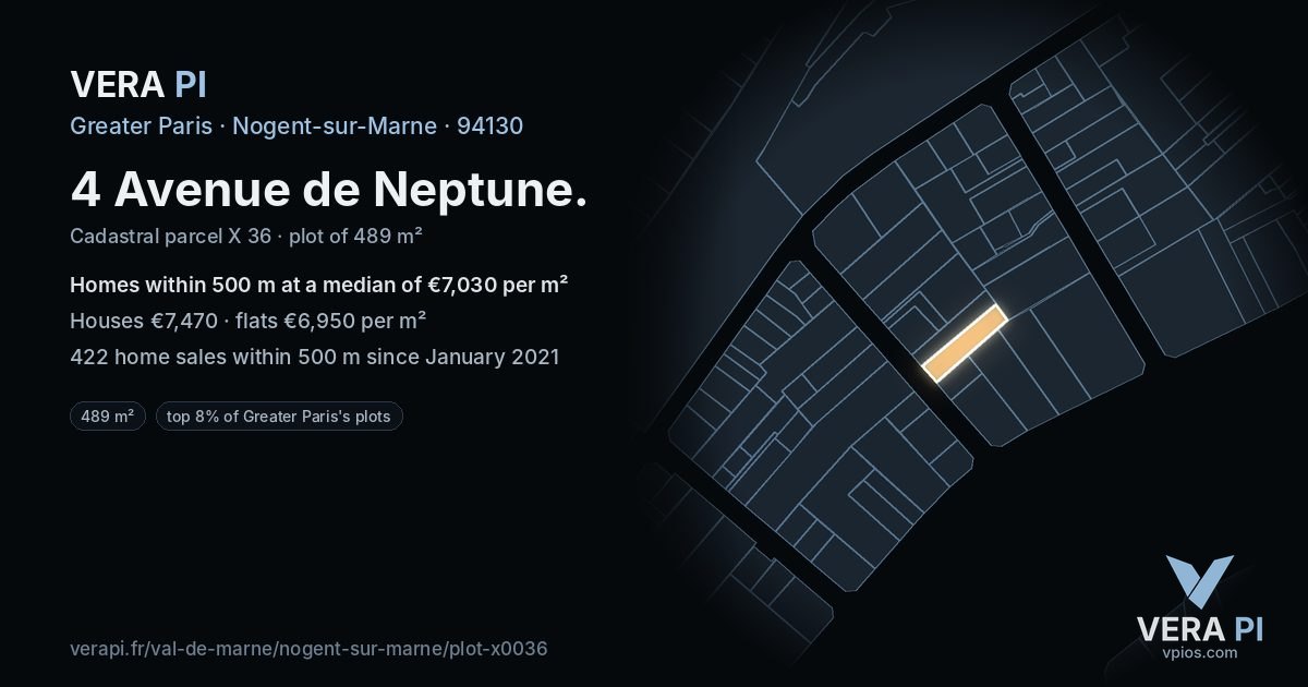 4 Avenue de Neptune, Nogent-sur-Marne at night – the plot lit, the parcels around coloured by the prices near them