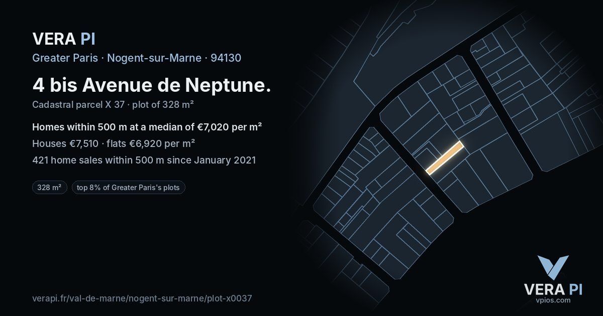 4 bis Avenue de Neptune, Nogent-sur-Marne at night – the plot lit, the parcels around coloured by the prices near them