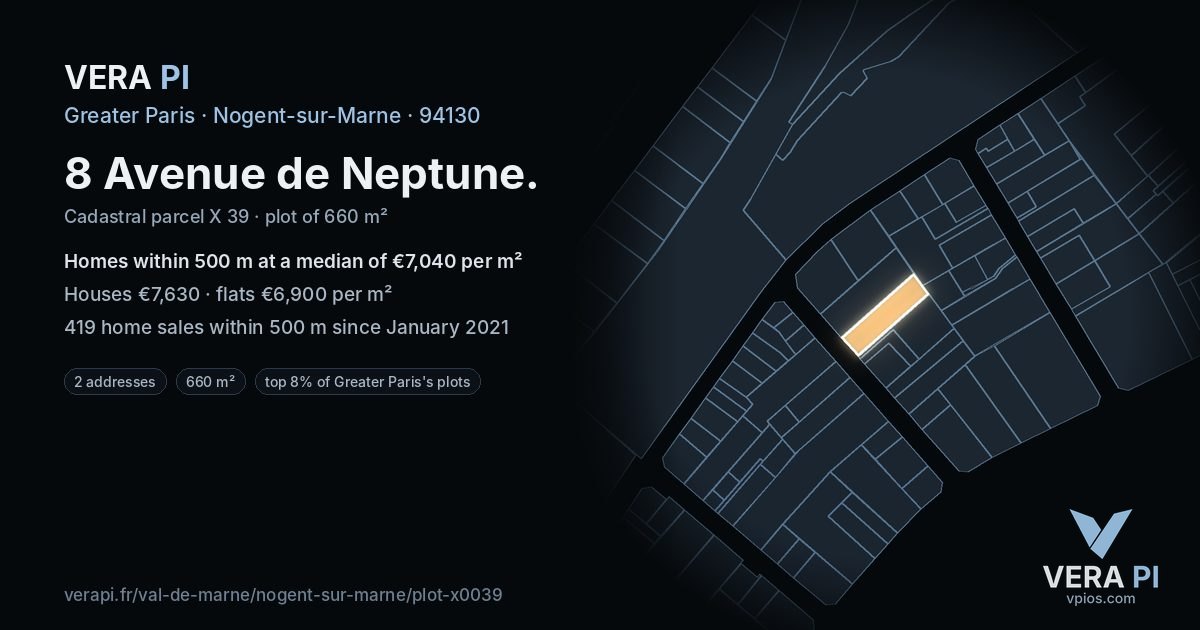 8 Avenue de Neptune, Nogent-sur-Marne at night – the plot lit, the parcels around coloured by the prices near them