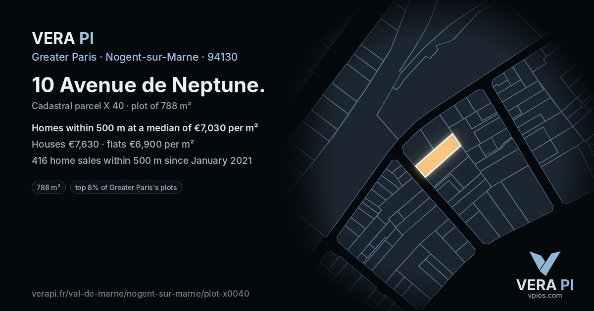 10 Avenue de Neptune, Nogent-sur-Marne at night – the plot lit, the parcels around coloured by the prices near them