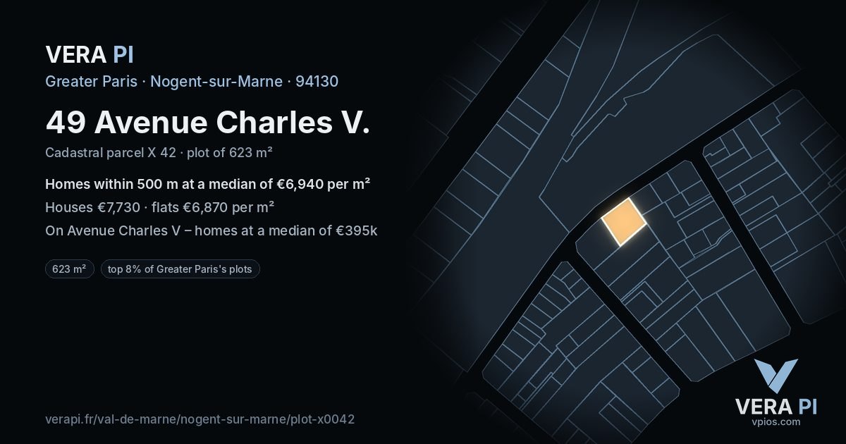 49 Avenue Charles V, Nogent-sur-Marne at night – the plot lit, the parcels around coloured by the prices near them