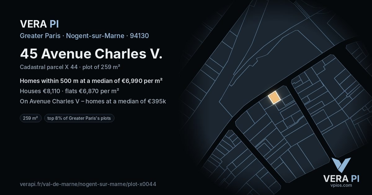 45 Avenue Charles V, Nogent-sur-Marne at night – the plot lit, the parcels around coloured by the prices near them