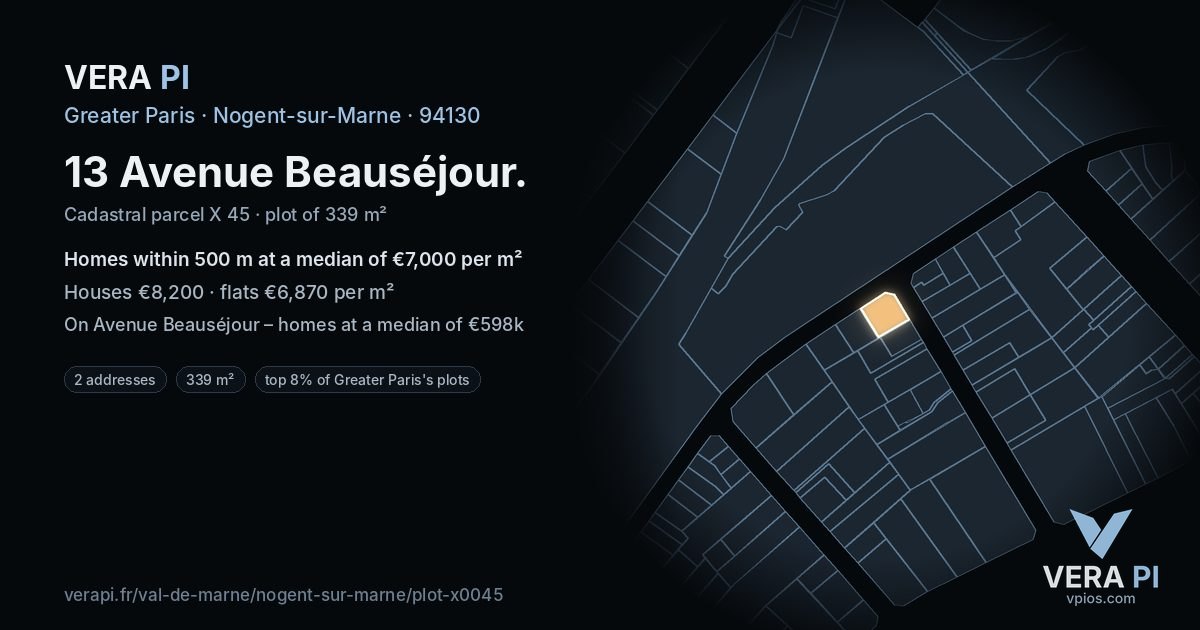 13 Avenue Beauséjour, Nogent-sur-Marne at night – the plot lit, the parcels around coloured by the prices near them