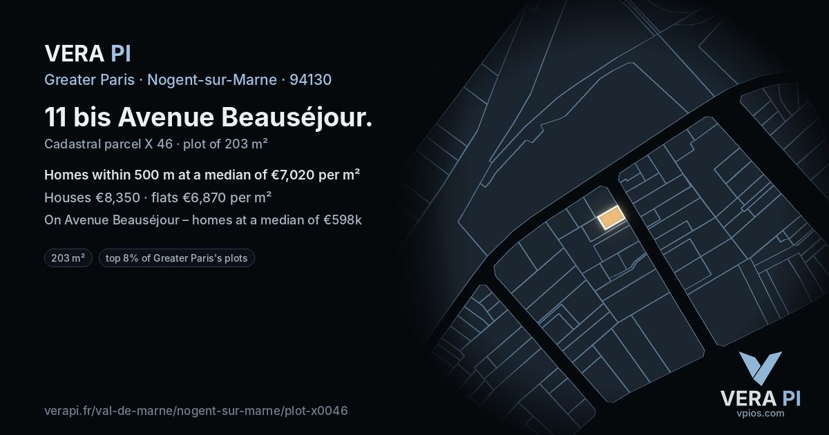 11 bis Avenue Beauséjour, Nogent-sur-Marne at night – the plot lit, the parcels around coloured by the prices near them