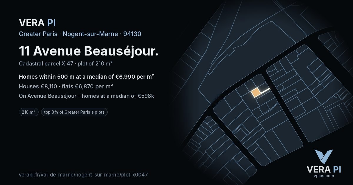 11 Avenue Beauséjour, Nogent-sur-Marne at night – the plot lit, the parcels around coloured by the prices near them