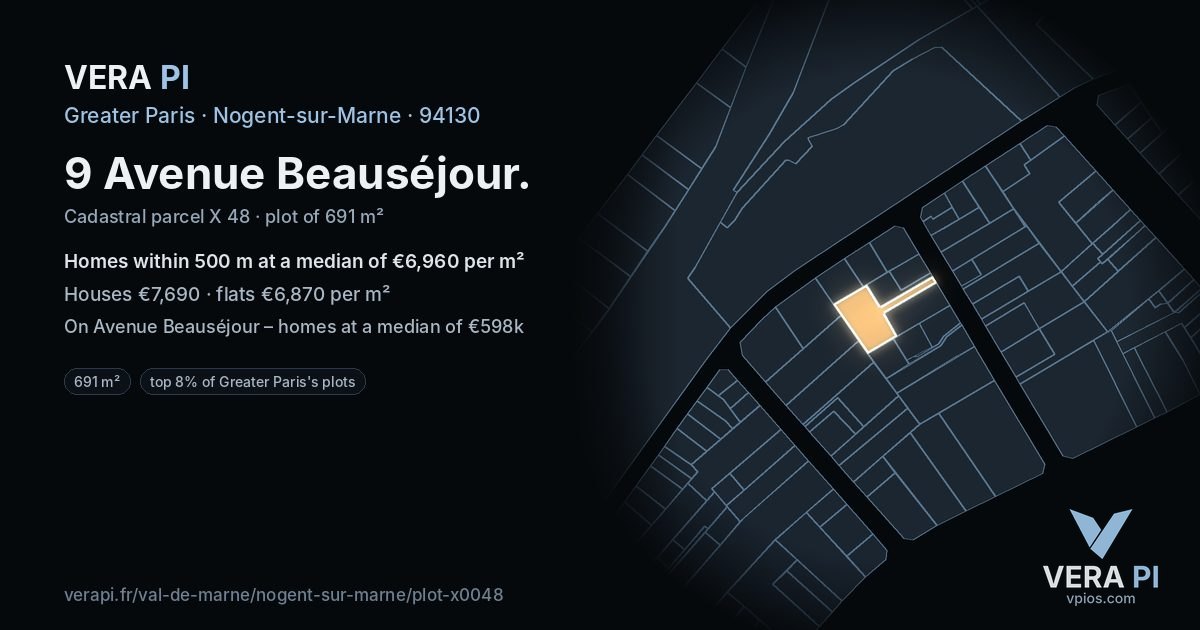 9 Avenue Beauséjour, Nogent-sur-Marne at night – the plot lit, the parcels around coloured by the prices near them