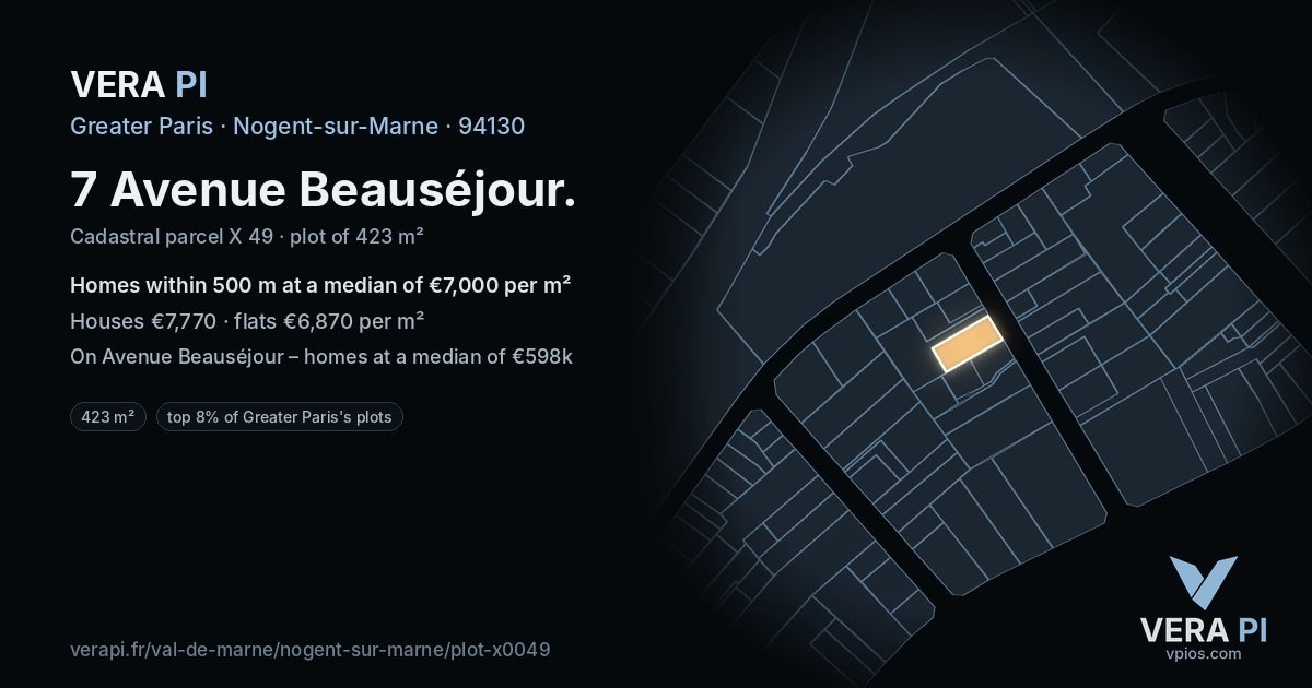 7 Avenue Beauséjour, Nogent-sur-Marne at night – the plot lit, the parcels around coloured by the prices near them