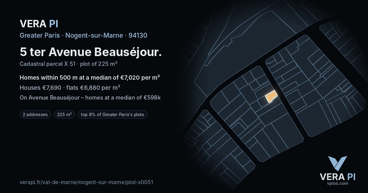 5 ter Avenue Beauséjour, Nogent-sur-Marne at night – the plot lit, the parcels around coloured by the prices near them