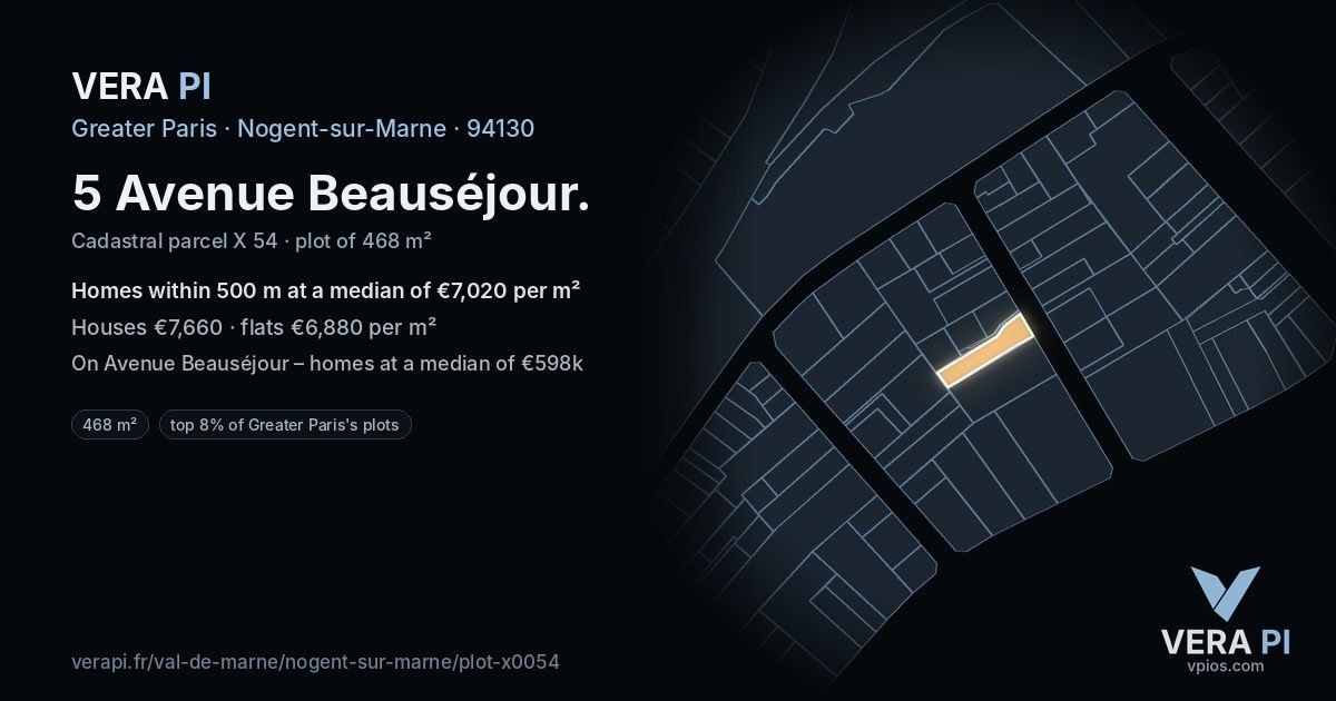5 Avenue Beauséjour, Nogent-sur-Marne at night – the plot lit, the parcels around coloured by the prices near them
