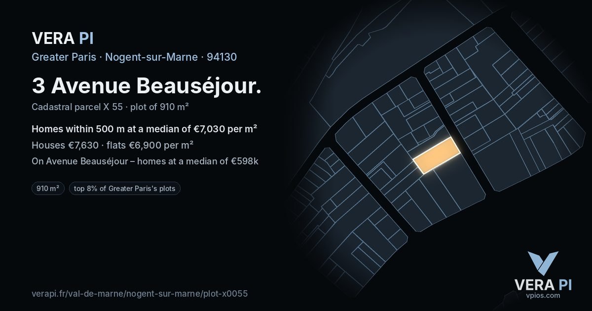 3 Avenue Beauséjour, Nogent-sur-Marne at night – the plot lit, the parcels around coloured by the prices near them