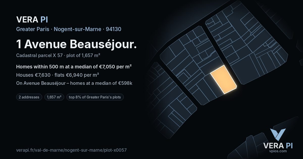 1 Avenue Beauséjour, Nogent-sur-Marne at night – the plot lit, the parcels around coloured by the prices near them