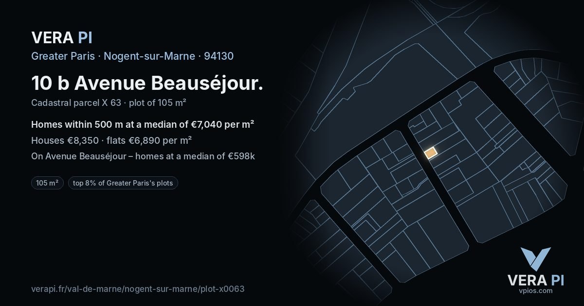 10 b Avenue Beauséjour, Nogent-sur-Marne at night – the plot lit, the parcels around coloured by the prices near them