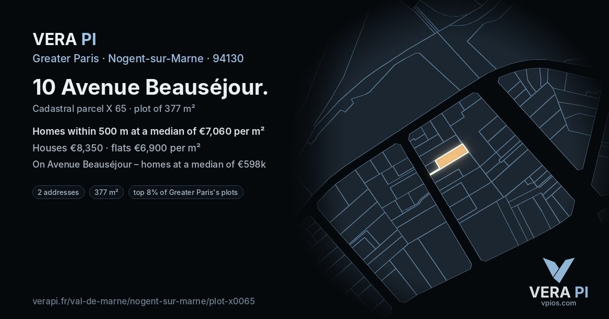 10 Avenue Beauséjour, Nogent-sur-Marne at night – the plot lit, the parcels around coloured by the prices near them