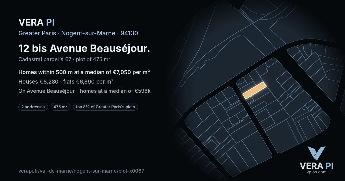 12 bis Avenue Beauséjour, Nogent-sur-Marne at night – the plot lit, the parcels around coloured by the prices near them