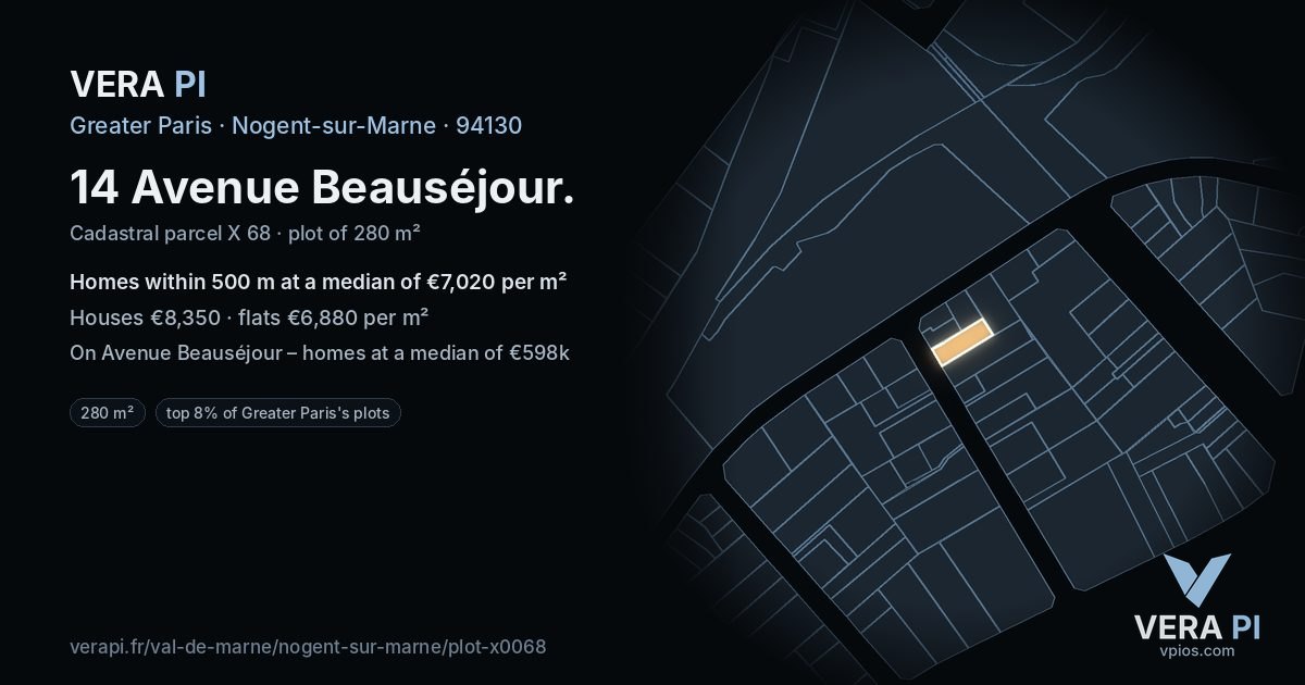 14 Avenue Beauséjour, Nogent-sur-Marne at night – the plot lit, the parcels around coloured by the prices near them