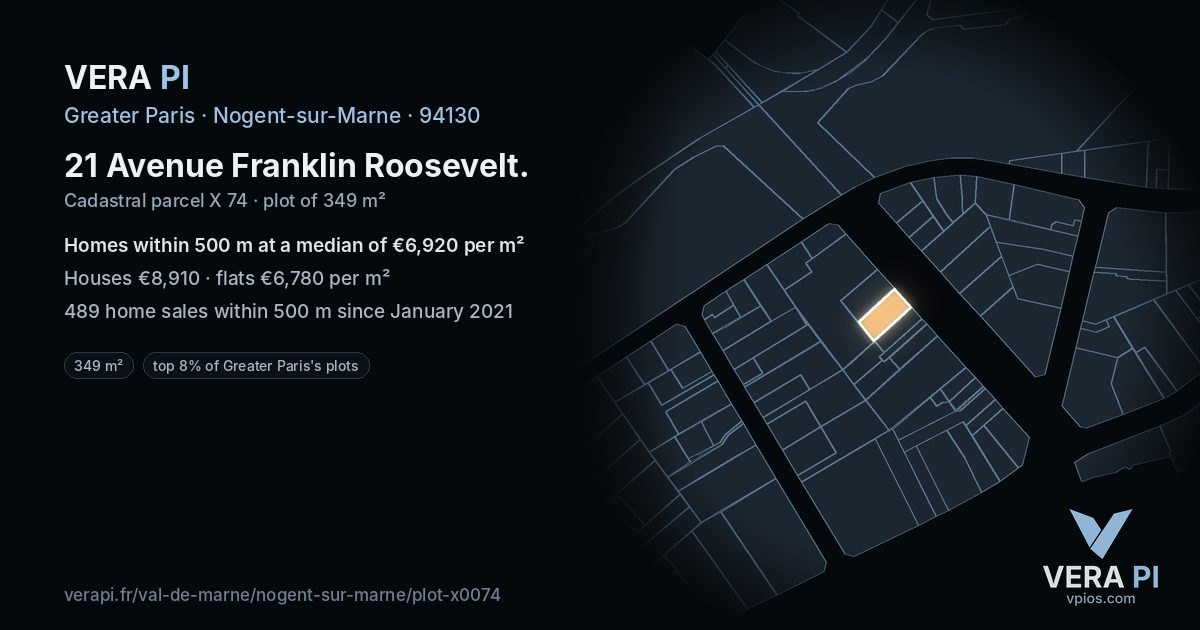 21 Avenue Franklin Roosevelt, Nogent-sur-Marne at night – the plot lit, the parcels around coloured by the prices near them