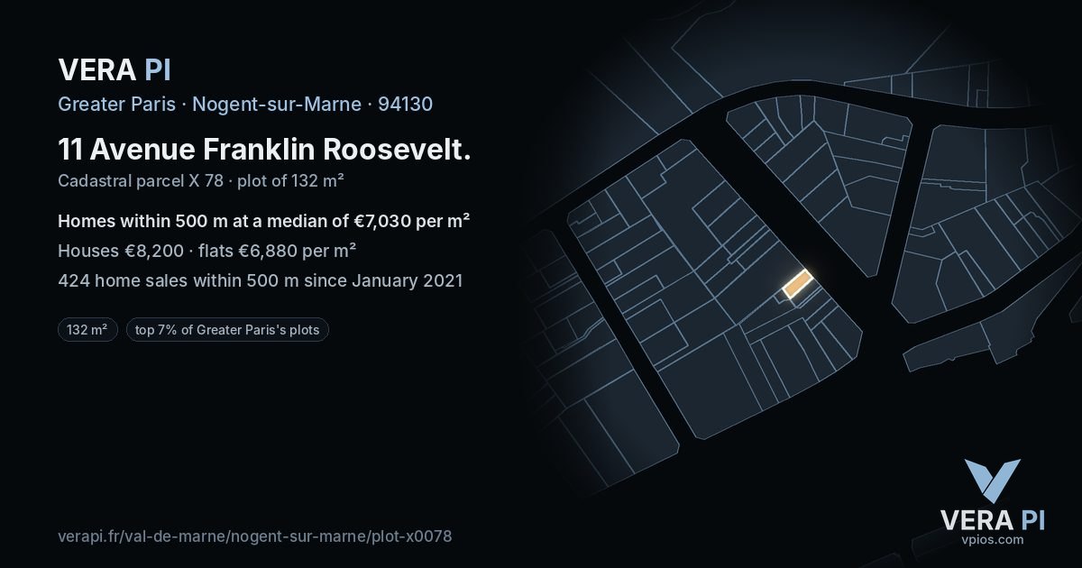 11 Avenue Franklin Roosevelt, Nogent-sur-Marne at night – the plot lit, the parcels around coloured by the prices near them
