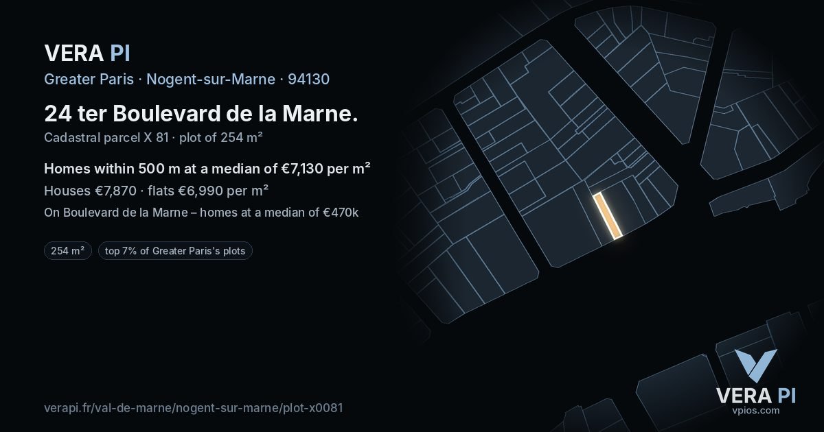 24 ter Boulevard de la Marne, Nogent-sur-Marne at night – the plot lit, the parcels around coloured by the prices near them