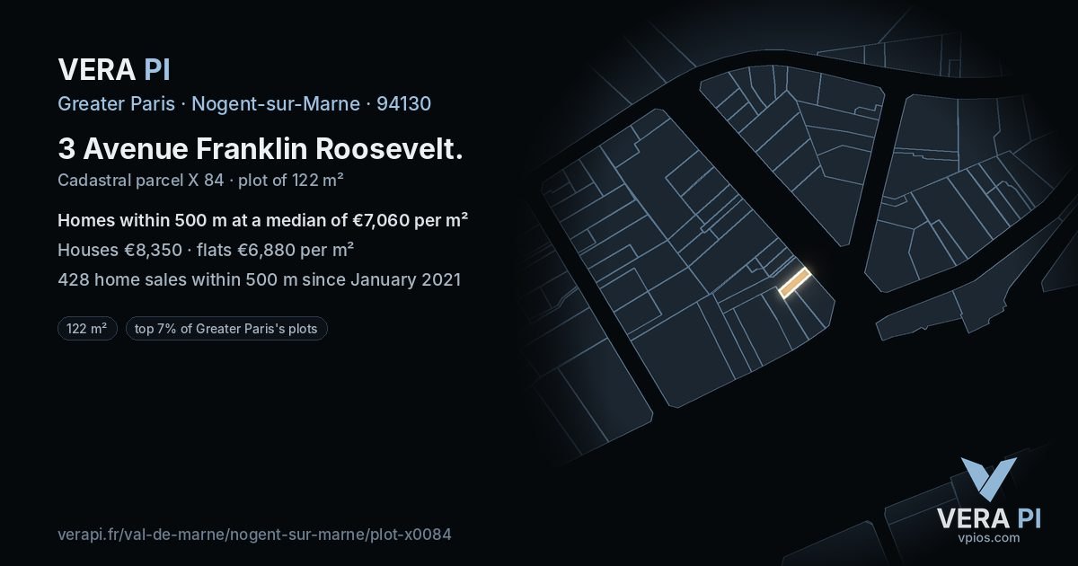 3 Avenue Franklin Roosevelt, Nogent-sur-Marne at night – the plot lit, the parcels around coloured by the prices near them