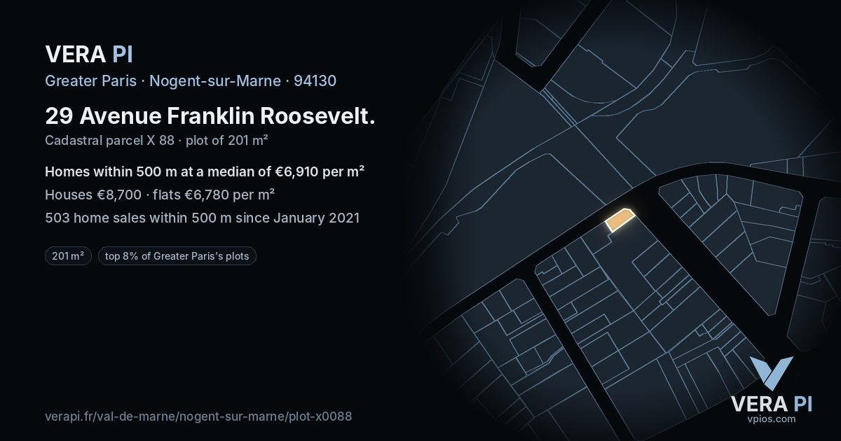 29 Avenue Franklin Roosevelt, Nogent-sur-Marne at night – the plot lit, the parcels around coloured by the prices near them