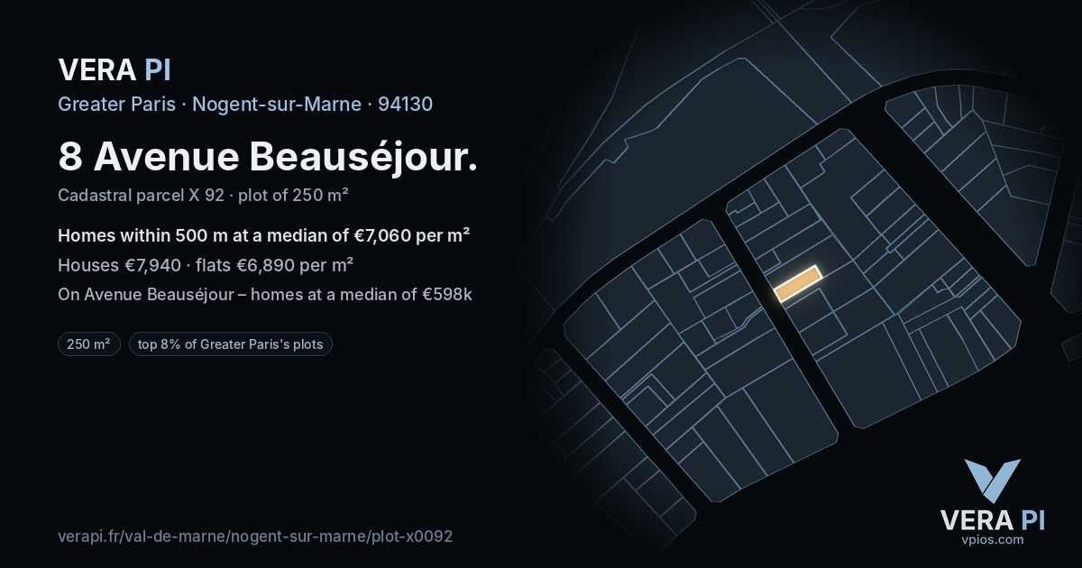 8 Avenue Beauséjour, Nogent-sur-Marne at night – the plot lit, the parcels around coloured by the prices near them