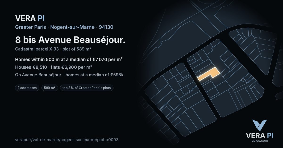 8 bis Avenue Beauséjour, Nogent-sur-Marne at night – the plot lit, the parcels around coloured by the prices near them