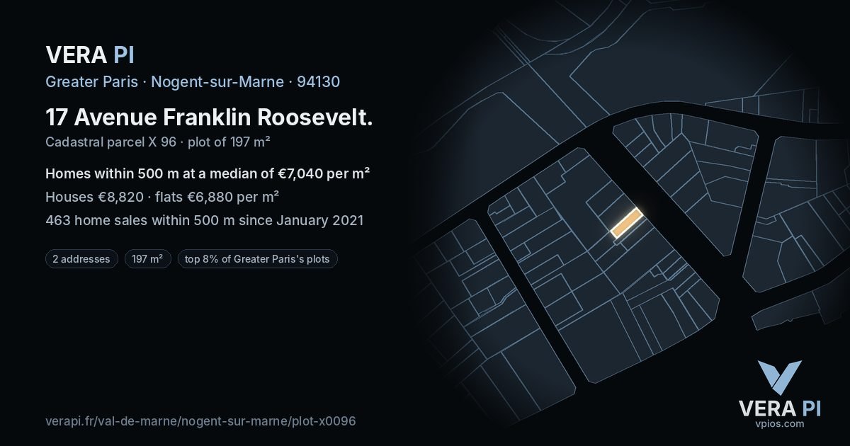17 Avenue Franklin Roosevelt, Nogent-sur-Marne at night – the plot lit, the parcels around coloured by the prices near them