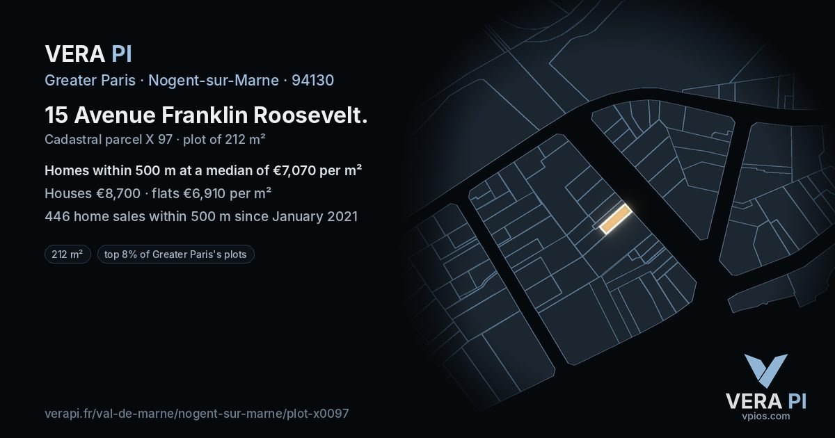 15 Avenue Franklin Roosevelt, Nogent-sur-Marne at night – the plot lit, the parcels around coloured by the prices near them