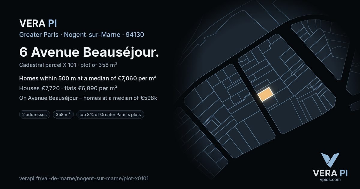 6 Avenue Beauséjour, Nogent-sur-Marne at night – the plot lit, the parcels around coloured by the prices near them