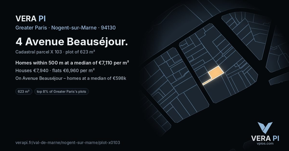4 Avenue Beauséjour, Nogent-sur-Marne at night – the plot lit, the parcels around coloured by the prices near them