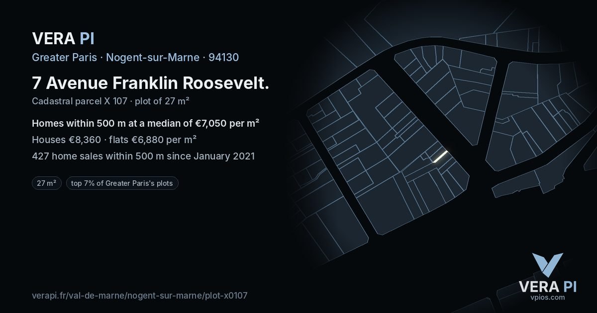 7 Avenue Franklin Roosevelt, Nogent-sur-Marne at night – the plot lit, the parcels around coloured by the prices near them