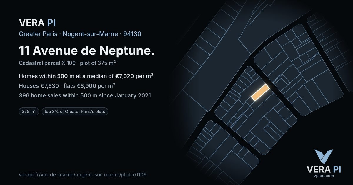 11 Avenue de Neptune, Nogent-sur-Marne at night – the plot lit, the parcels around coloured by the prices near them