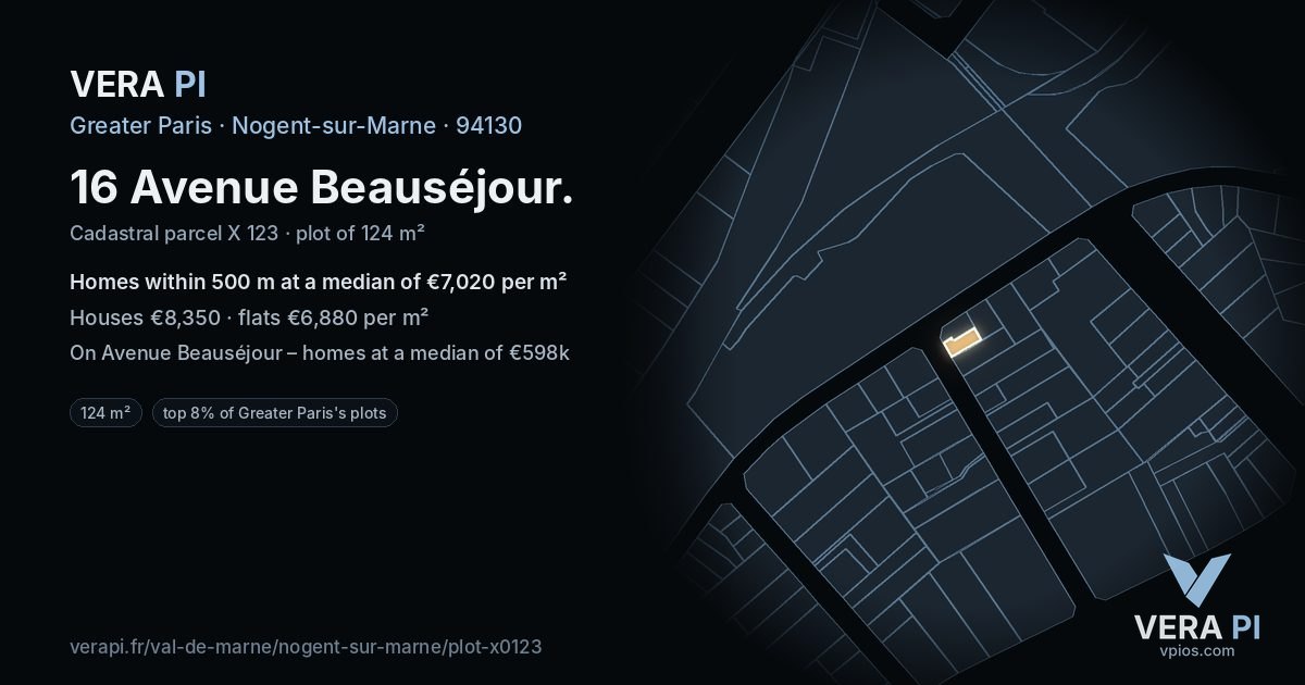 16 Avenue Beauséjour, Nogent-sur-Marne at night – the plot lit, the parcels around coloured by the prices near them