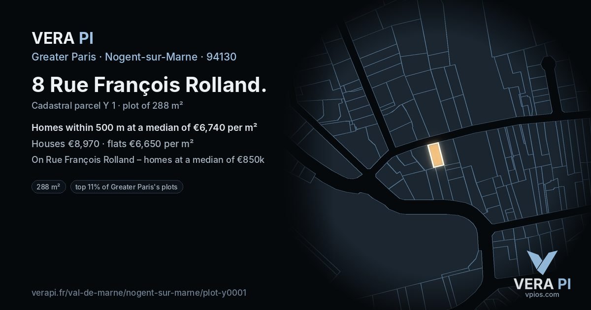 8 Rue François Rolland, Nogent-sur-Marne at night – the plot lit, the parcels around coloured by the prices near them