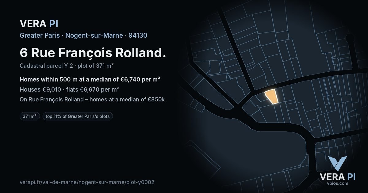 6 Rue François Rolland, Nogent-sur-Marne at night – the plot lit, the parcels around coloured by the prices near them