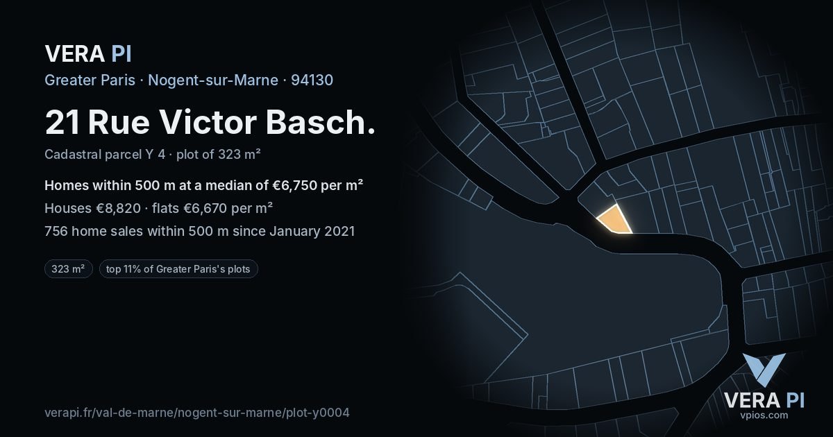 21 Rue Victor Basch, Nogent-sur-Marne at night – the plot lit, the parcels around coloured by the prices near them