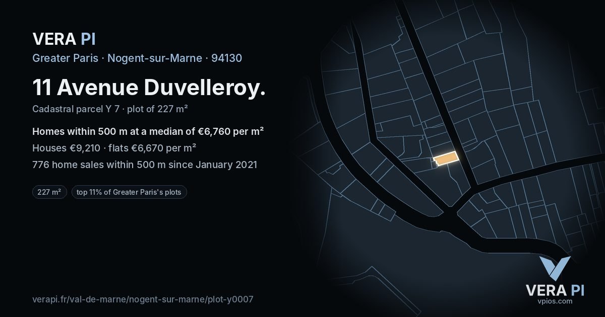 11 Avenue Duvelleroy, Nogent-sur-Marne at night – the plot lit, the parcels around coloured by the prices near them