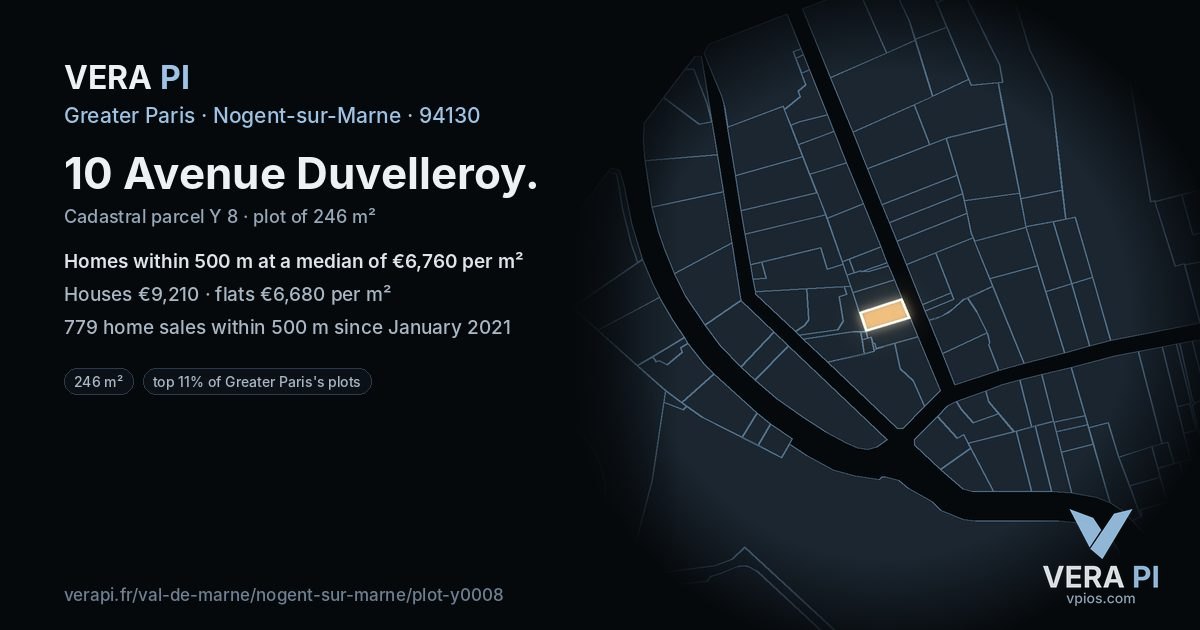 10 Avenue Duvelleroy, Nogent-sur-Marne at night – the plot lit, the parcels around coloured by the prices near them