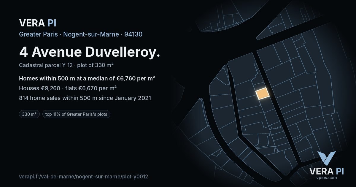 4 Avenue Duvelleroy, Nogent-sur-Marne at night – the plot lit, the parcels around coloured by the prices near them