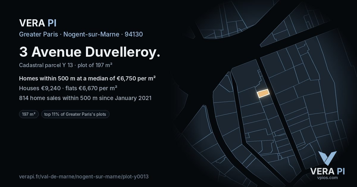 3 Avenue Duvelleroy, Nogent-sur-Marne at night – the plot lit, the parcels around coloured by the prices near them