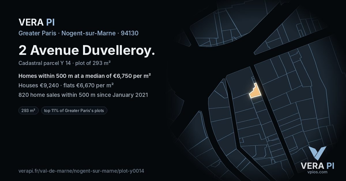 2 Avenue Duvelleroy, Nogent-sur-Marne at night – the plot lit, the parcels around coloured by the prices near them