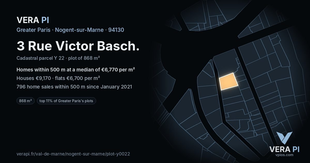3 Rue Victor Basch, Nogent-sur-Marne at night – the plot lit, the parcels around coloured by the prices near them