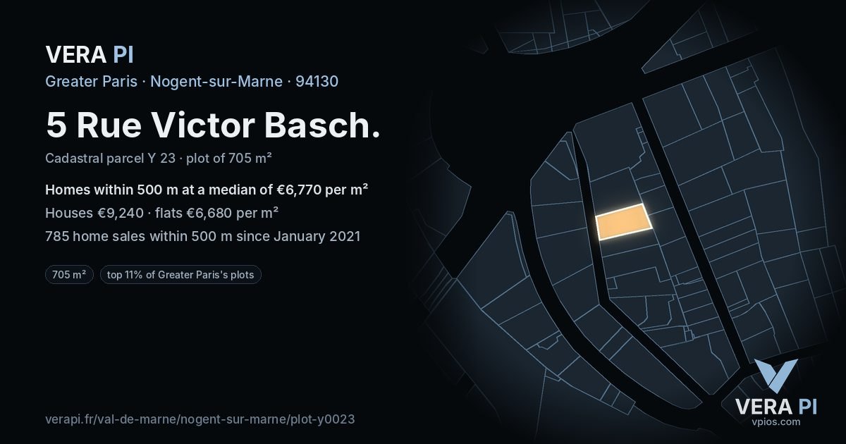 5 Rue Victor Basch, Nogent-sur-Marne at night – the plot lit, the parcels around coloured by the prices near them