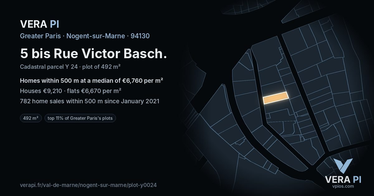 5 bis Rue Victor Basch, Nogent-sur-Marne at night – the plot lit, the parcels around coloured by the prices near them