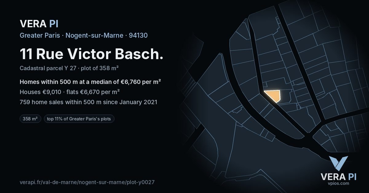 11 Rue Victor Basch, Nogent-sur-Marne at night – the plot lit, the parcels around coloured by the prices near them