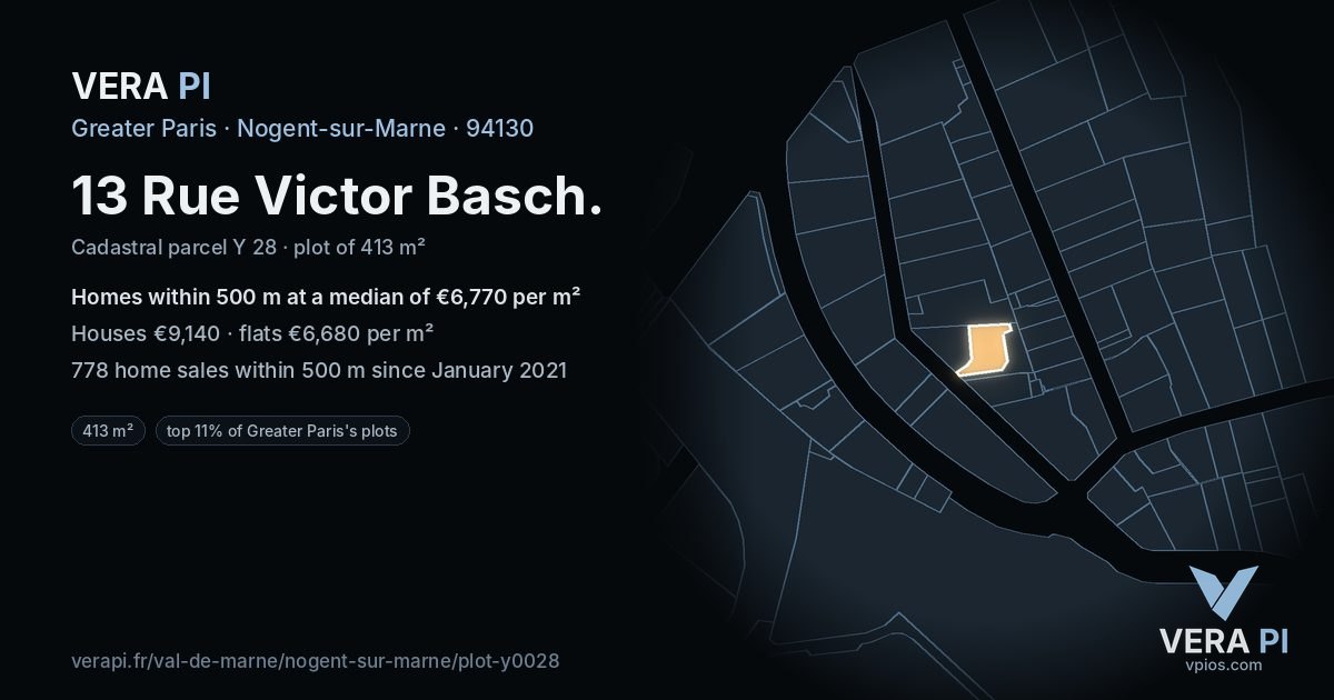 13 Rue Victor Basch, Nogent-sur-Marne at night – the plot lit, the parcels around coloured by the prices near them