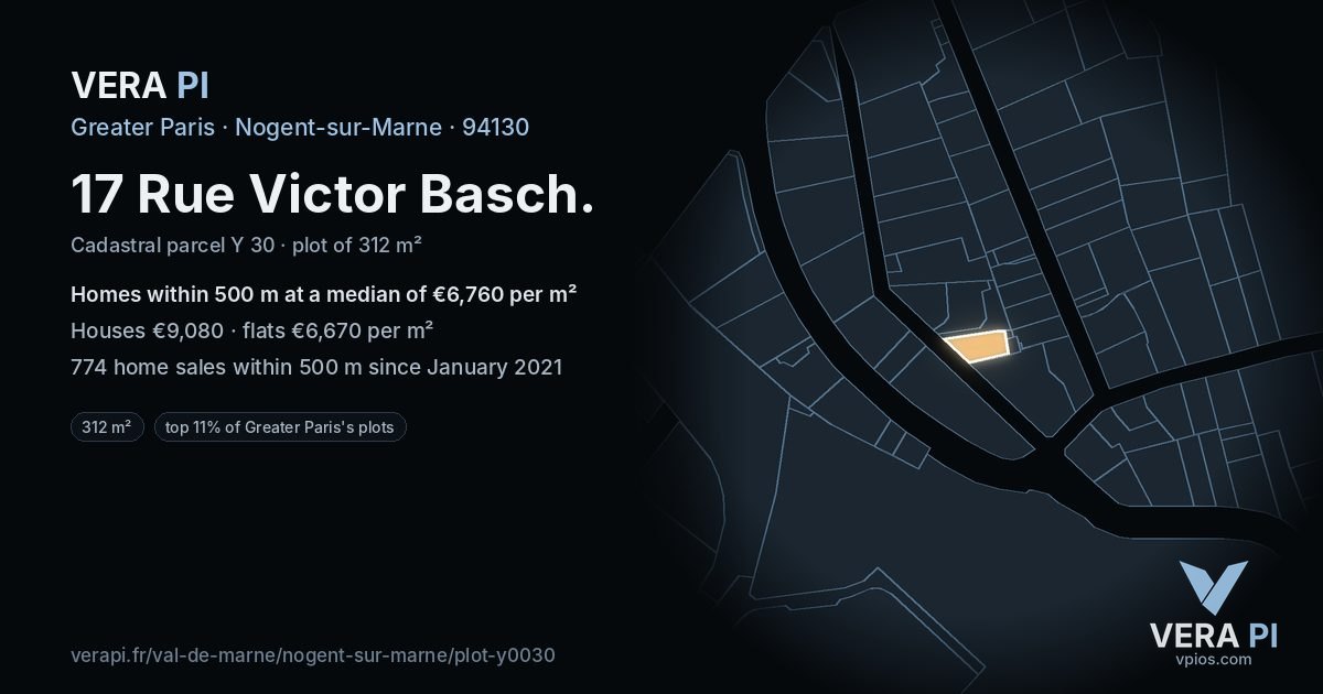 17 Rue Victor Basch, Nogent-sur-Marne at night – the plot lit, the parcels around coloured by the prices near them