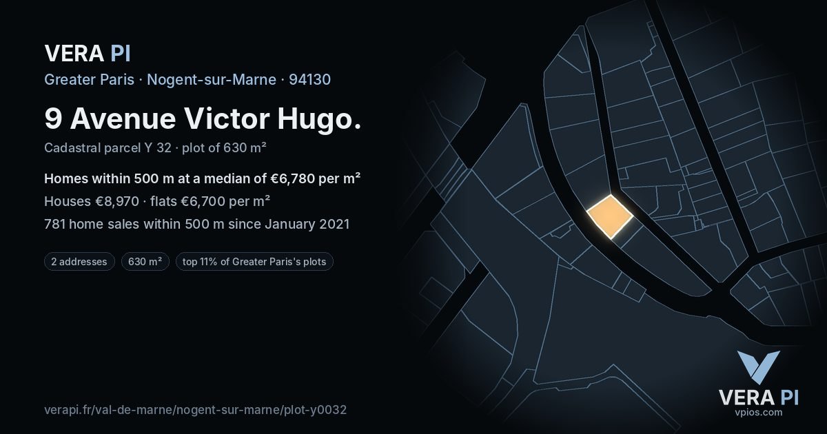 9 Avenue Victor Hugo, Nogent-sur-Marne at night – the plot lit, the parcels around coloured by the prices near them